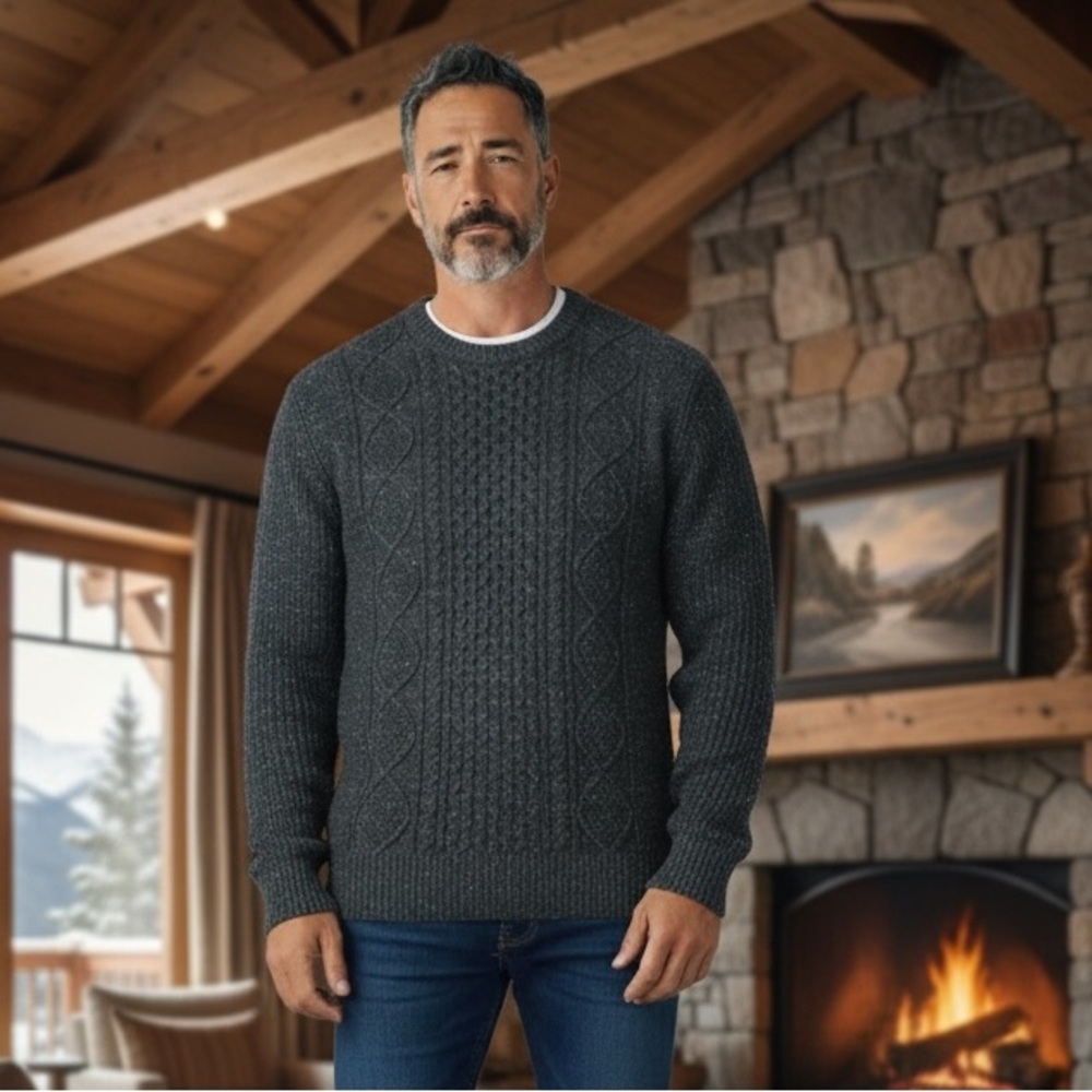 GAP Men's Dark Blue Crewneck Chunky Cable Knit Fisherman Sweater
